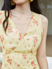 SHEIN LUNE Women's Vintage Ditsy Floral Daisy Print V-Neck Dress, Creamy Yellow, Summer - Multicolor - View 4