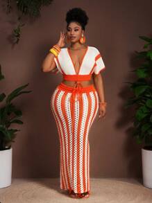 Bộ đồ móc 2 món cỡ lớn cho nữ - Áo crop top cổ chữ V khoét sâu, buộc dây phía trước và chân váy dài móc sọc, trang phục nghỉ dưỡng gợi cảm - trái cam - Xem 4