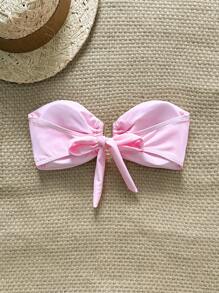 Swim Mod Women's Beach Summer Solid Color Bow Strapless Metal Decor Bikini Top