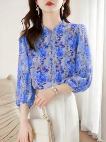 SHEIN LUNE 女式休闲荷叶边下摆七分泡泡袖衬衫 - 彩色 - 查看 1