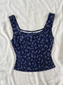 SHEIN Teen Girl Ribbed Ditsy Floral Pleated Casual Tank Top