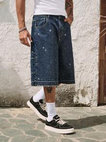 ROMWE MEN ROMWE Avant Men's Loose Fit Sparkling Diamond Decoration Denim Shorts - Blue - View 4