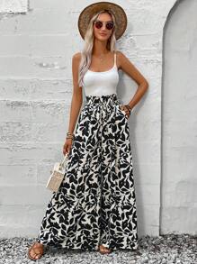 SHEIN PETITE CURVE 加大码高腰口袋宽松阔腿女式印花裤 - 黑色 - 查看 5