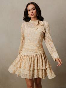 Anewsta Women All-Over Print Stand Collar Long Sleeve Ruched Flounce Hem Dress