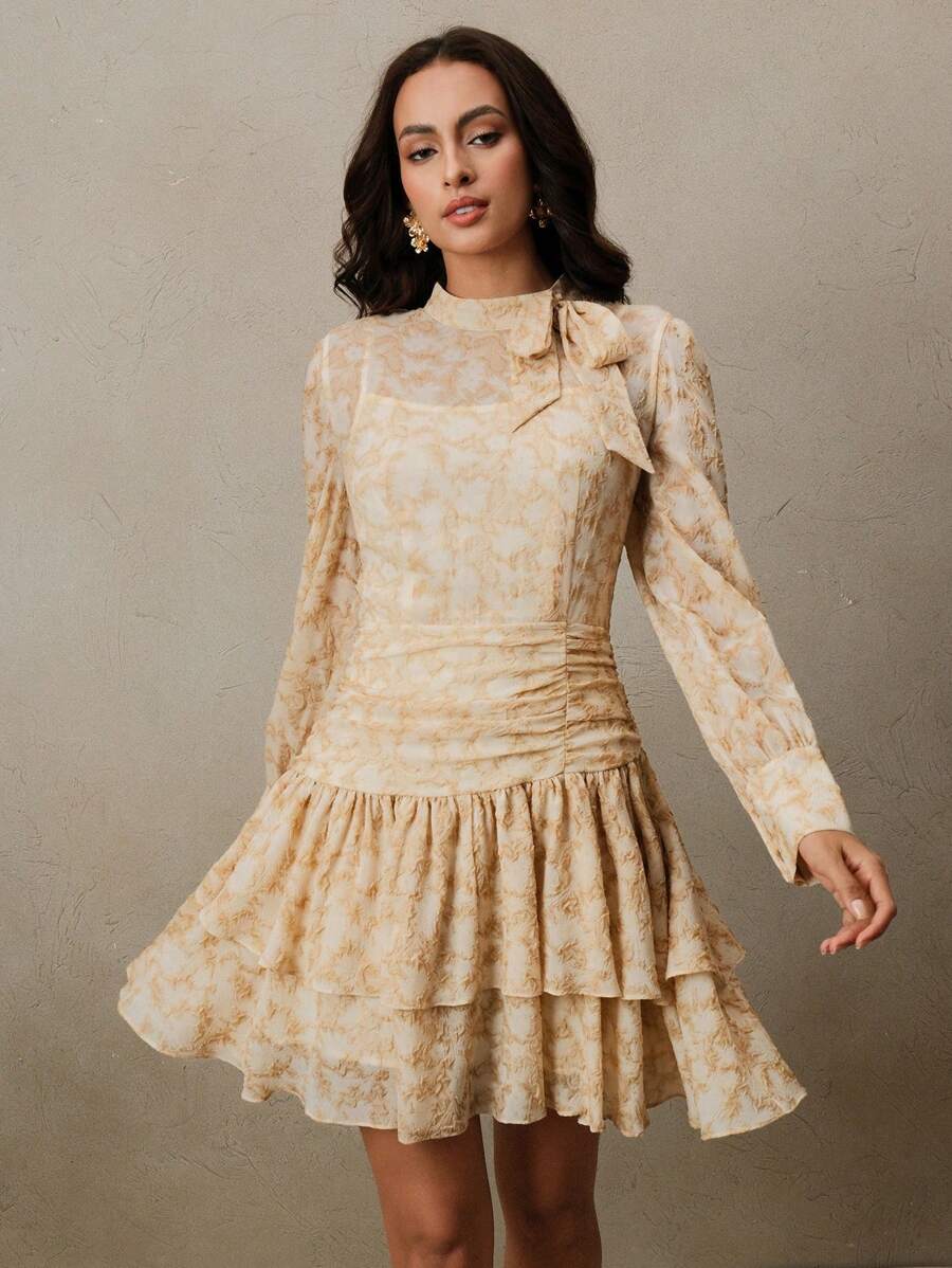 Anewsta Women All-Over Print Stand Collar Long Sleeve Ruched Flounce Hem Dress