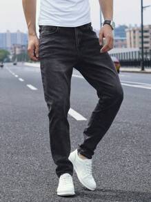 Manfinity Homme Men's Casual Washed Tapered Jeans Men Clothing Men Jeans - Black - View 5