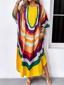 SHEIN Clasi Plus Size Colorful Print Batwing Sleeve Dress - Yellow - View 5