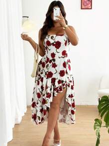 SHEIN Clasi Plus Size Women Elegant Floral Print Asymmetric Hem Slip Dress, Summer - Red and White - View 1