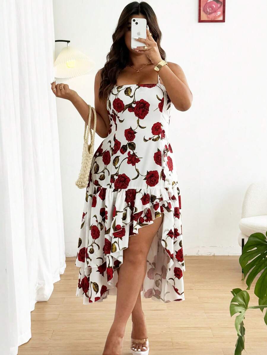 SHEIN Clasi Plus Size Women Elegant Floral Print Asymmetric Hem Slip Dress, Summer - Red and White - View 1