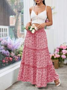 Breezaya Falda de encaje con contraste y estampado floral diminuto para vacaciones de mujer