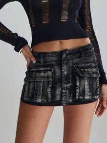 Denimoi تنورة جينز واسعة مغسولة مع جيوب أمامية وحزام جاهزة للارتداء في أسلوب الشارع الأنيق