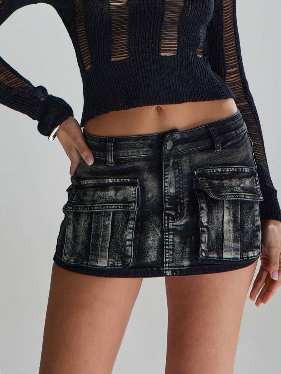 Denimoi تنورة جينز واسعة مغسولة مع جيوب أمامية وحزام جاهزة للارتداء في أسلوب الشارع الأنيق