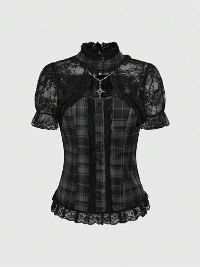 Goth Chemise à carreaux de style écolière avec ourlet en dentelle et manches bouffantes pour femmes, définissant la taille