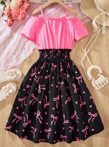 Teen Girl Butterfly Print Open Shoulder Short Sleeve Gathered Waist Dress - Hot Pink - View 1