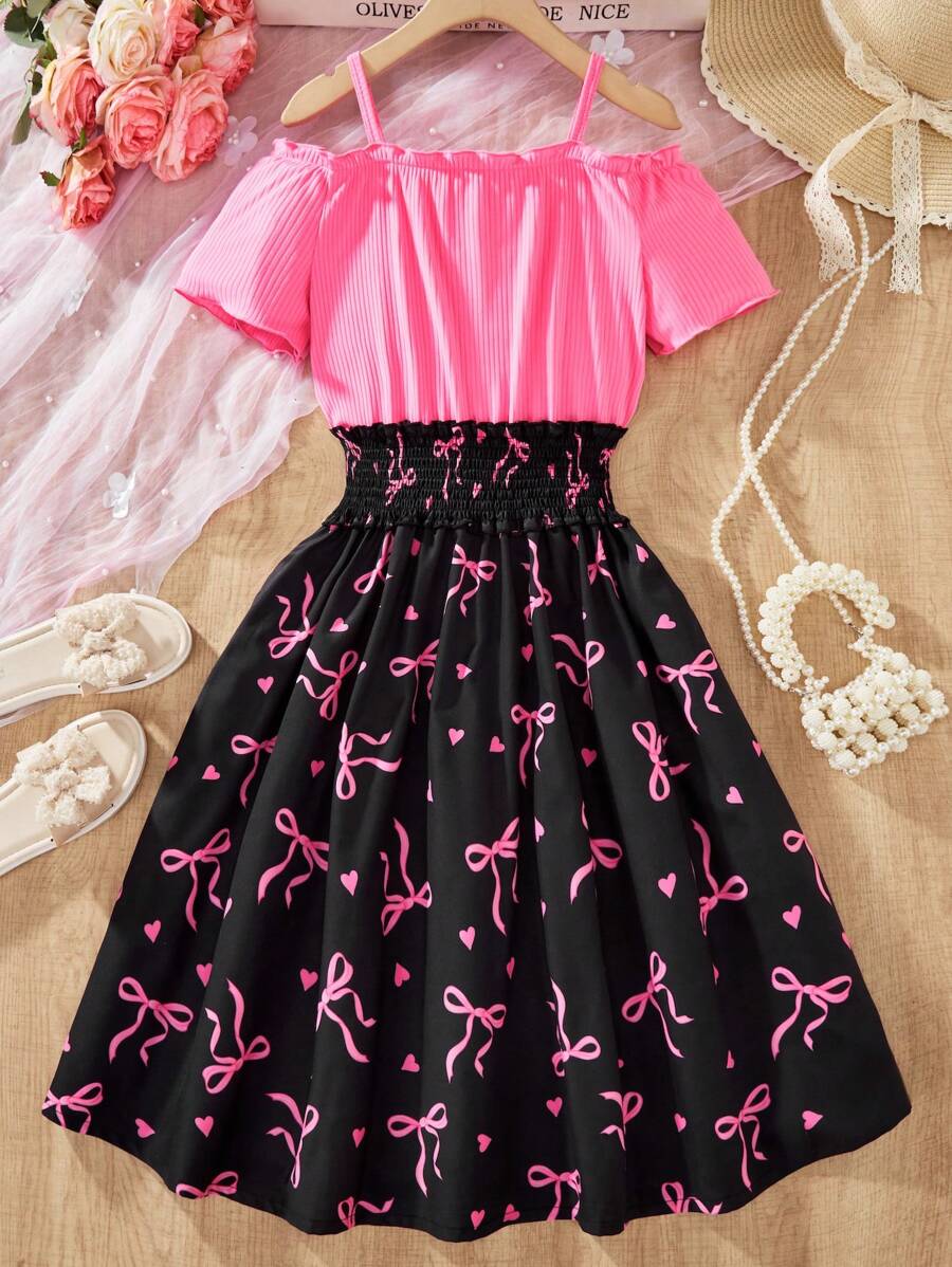 Teen Girl Butterfly Print Open Shoulder Short Sleeve Gathered Waist Dress - Hot Pink - View 1