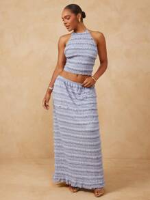 L'Amorae Chân váy Maxi xếp nếp ren nhún bèo bán trong suốt thanh lịch - Màu xanh lam - Xem 4