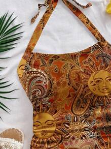 SHEIN PETITE CURVE Plus Size Women All-Over Print Halter Back Casual Top - Yellow - View 3