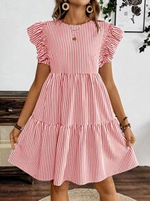 SHEIN LUNE Ladies' Summer Casual Striped Ruffle Hem Dress - Pink - View 1