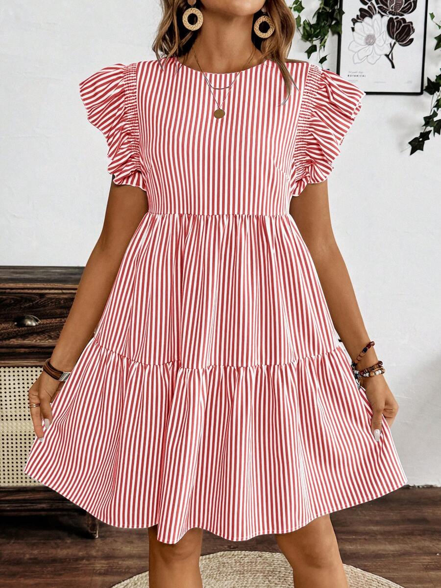 SHEIN LUNE Ladies' Summer Casual Striped Ruffle Hem Dress - Pink - View 1