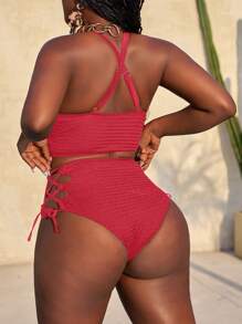 Slaydiva Size Women's Solid Color Hollow-Out Strap Sexy Bikini Set, Summer Beachwear - Red - View 2