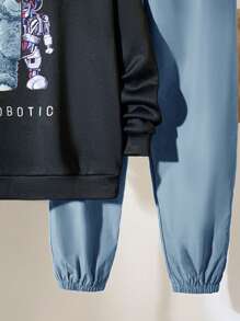 SHEIN Leap Crew 2pcs/Set Teen Boys Casual Loose Comfortable Versatile Mechanical Bear Print Crew Neck Sweatshirt And Drawstring Pants Set, Suitable For Fall And Winter, Black, Fleece, Thickened - Dusty Blue - View 6