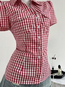 Elamini Retro Chic V-Neck Checkered Pocket Patchwork Button Up Cropped Fitted Short Sleeve Shirt