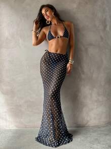 Aloruh 女士波尔卡圆点印花复古浪漫黑白性感优雅泳装低腰长鱼尾裙沙滩罩衫乡村音乐会 - 黑與白 - 查看 7