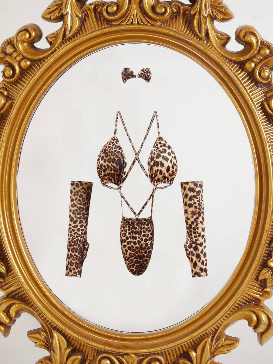 3pcs Leopard & Wildcat Costume Set , Bodysuit And Gloves And Headpiece, Sexy Animal Print Lingerie, Rave - Coffee Brown - View 1