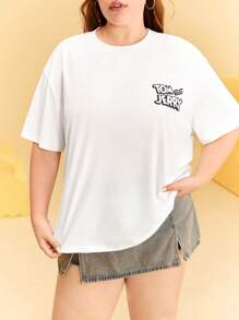 TOM & JERRY X SHEIN Plus Size Cartoon Mouse & Cat Print White Short Sleeve T-Shirt Cute T Shirts Women T Shirts Graphic Cute Graphic Tees Women Funny Graphic Tees Graphic T Shirt Summer / Summer For Women/ Summer / Cute Summer Tops Classic Casual Tee Rave Festival/ Rave/Festival/ Rave/ Festival For Women/ Country Concert/ Festival/ Concert/ C Concert Women/ Concert For Women/Rave/Rave Top