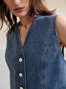 Arave 女式V领单排扣休闲牛仔背心 - 藍色 - 查看 6