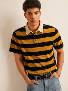 EASEVO Plus Size Men's Casual Yellow Striped Polo Shirt Summer Graduation Back-To-School College Style Pattern Short Sleeve Skin-Friendly Breathable Tshirts - Multicolor - View 3