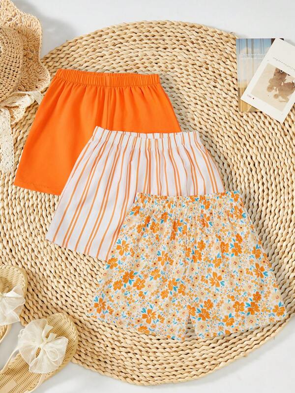 3pcs Tween Girls Casual Multicolor Ditsy Floral Striped & Solid Color Shorts, Suitable For Daily, Outing, Family With Multiple Tween Girl, Beach Trip