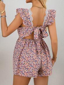 SHEIN Maternity Ditsy Floral Tie-Back Ruffle Hem Jumpsuit, Vacation Style - Pink - View 4