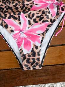 Swim Mod Leopard Flower Print Halter One-Piece Swimsuit For Women, Summer Beach Outfit - Multicolor - View 6