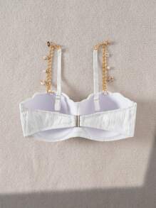 Voyashape DD+ Women Summer Vacation Beach Sexy Metal Chain Strap Textured Halter Bikini Top - White - View 5