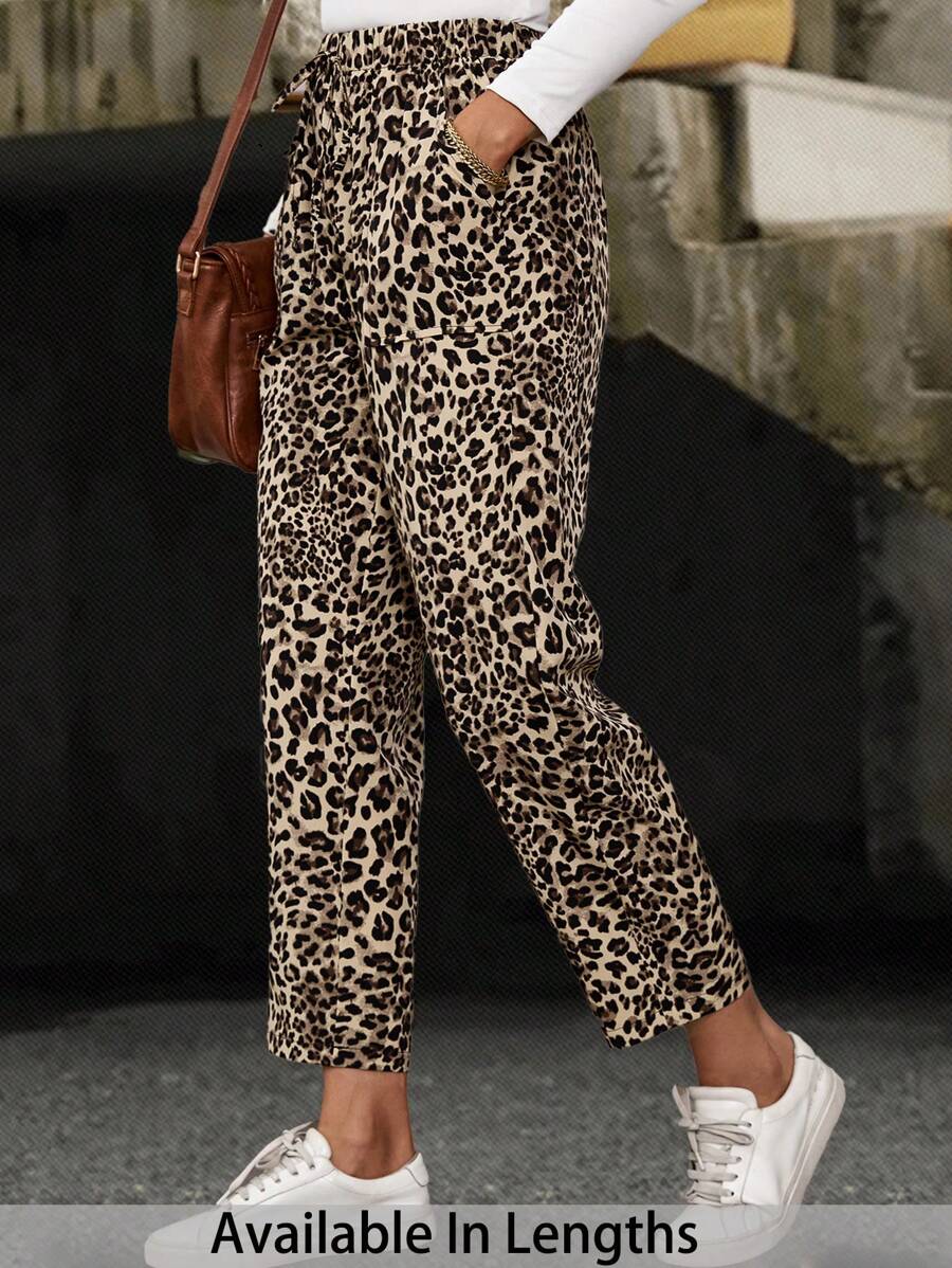 SHEIN PETITE CURVE Leoparden-Muster Lässig Hose mit Taschen und Knotendesign in Große Größen, Sommerhose, Frühling, Abschlussfeier - Braun - Übersicht 1