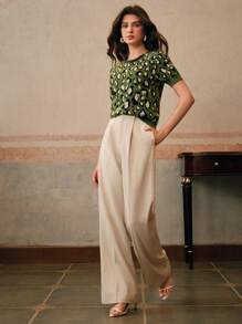 Anewsta 女士钻石链豹纹提花针织上衣 - 綠色 - 查看 6