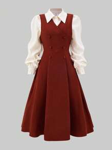 Lunivi Set de 1 (Blusa + Vestido) Elegante blusa de manga larga con cuello y vestido informal de tela tejida sin mangas hasta la pantorrilla para niñas adolescentes