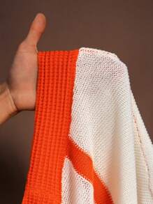 Bộ đồ móc 2 món cỡ lớn cho nữ - Áo crop top cổ chữ V khoét sâu, buộc dây phía trước và chân váy dài móc sọc, trang phục nghỉ dưỡng gợi cảm - trái cam - Xem 8