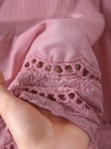 CosyJoli Plus Size Leisure Holiday Solid Color Hollow Embroidery Patchwork Shirt