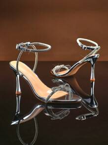 SHUZIA Women's Round Toe Rhinestone Clear Toe Straps High Heel Sandals - Silver - View 5