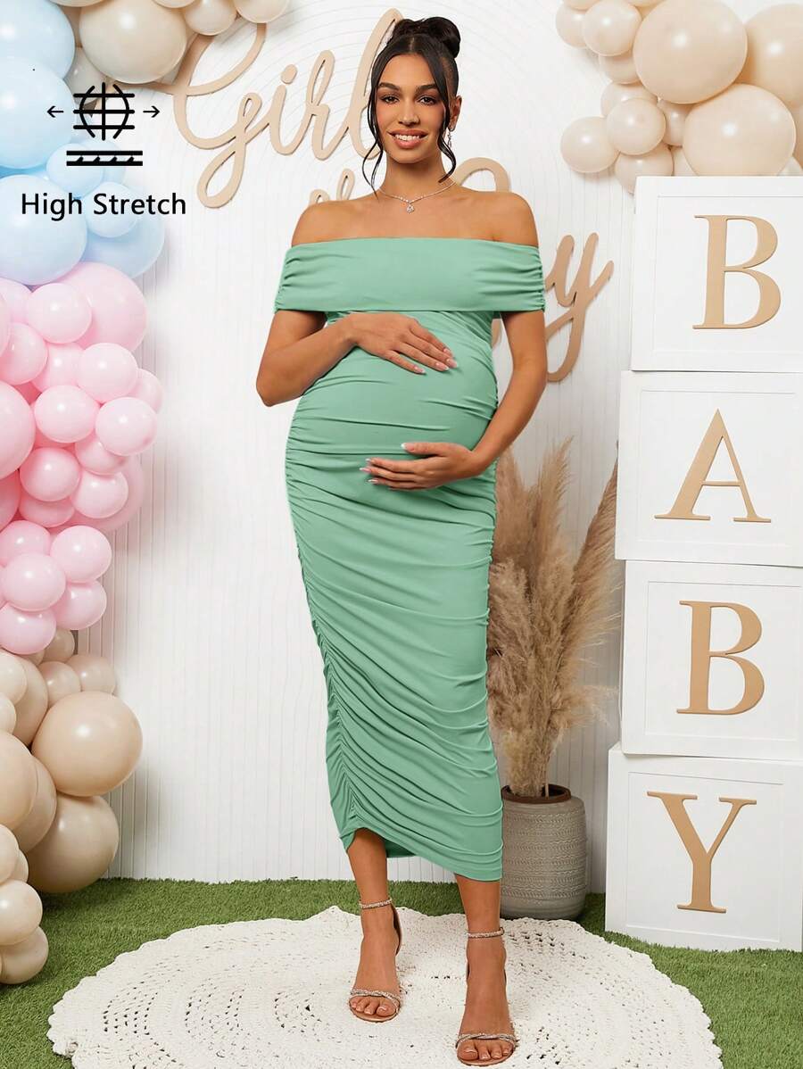 Loomaby Elegant Solid-Color Off Shoulder Ruched Maternity Dress, Suitable For Summer - Green - View 1
