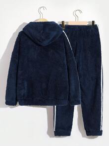 SHEIN 男童休閒字母刺繡連帽上下針織拼布細節兩件套 - 寶藍色 - 查看 2