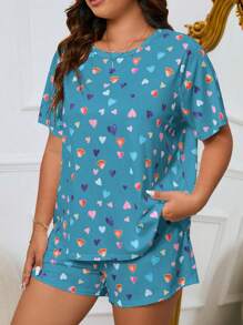 Plus Size Comfy Heart Pattern Short Sleeve T-Shirt And Shorts Pajama Set, Summer - Blue - View 3