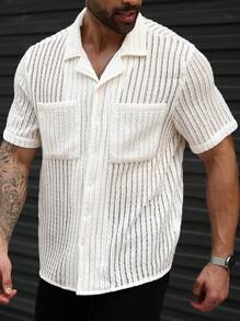 Manfinity Homme 大码男式纯色短袖单排扣双口袋休闲衬衫 - 白色 - 查看 6