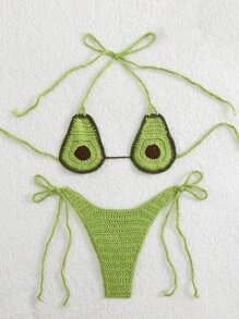 Swim Mod 1pc Women Crochet Halter Swimsuit Top & Triangle Swim Brief Bottom Set For Summer Beach Vacation - Multicolor - View 5