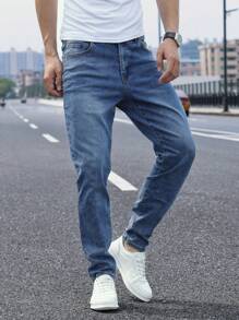 Manfinity Homme Men's Casual Washed Tapered Leg Jeans Men Clothing Jeans - Medium Wash - View 5