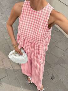 Siren Gaze 2025 年波西米亚风女装夏季套装：格子荷叶边下摆无袖露背上衣和阔腿裤套装 - 度假、节日、海滩度假休闲两件套，采用透气亚麻面料