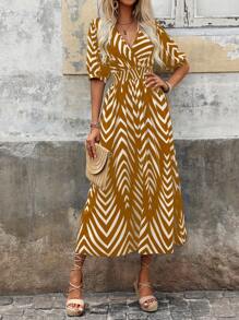 SHEIN Clasi 女士连衣裙（随机印花），夏季几何印花通勤连衣裙长款女装 - 棕色 - 查看 5