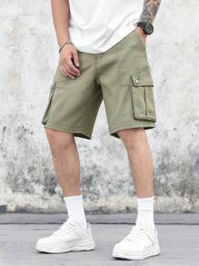 Manfinity Homme Men's Solid Color Pocketed Casual Fashion Relaxed Fit Denim Cargo Shorts